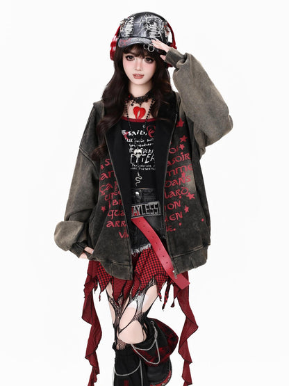 Crazy Girl Vintage Red Letter Graffiti Oversized Distressed Women&