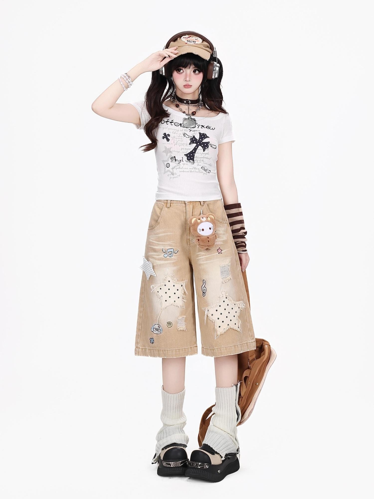 Crazy Girl Vintage Ripped Star Patch Embroidered High Waist Loose Women&