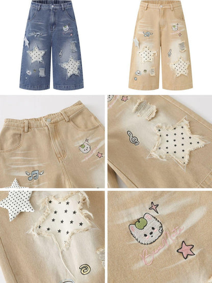 Crazy Girl Vintage Ripped Star Patch Embroidered High Waist Loose Women&