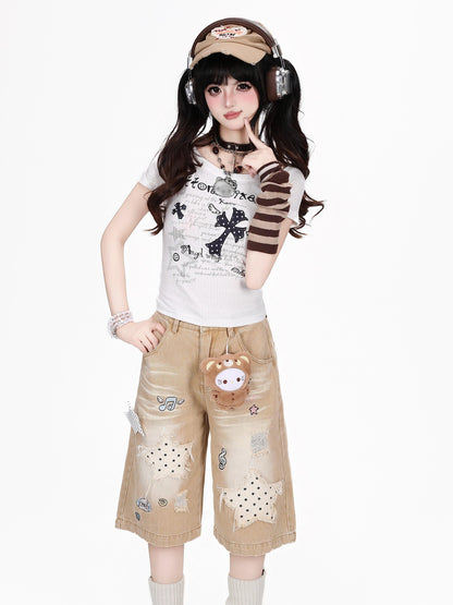 Crazy Girl Vintage Ripped Star Patch Embroidered High Waist Loose Women&