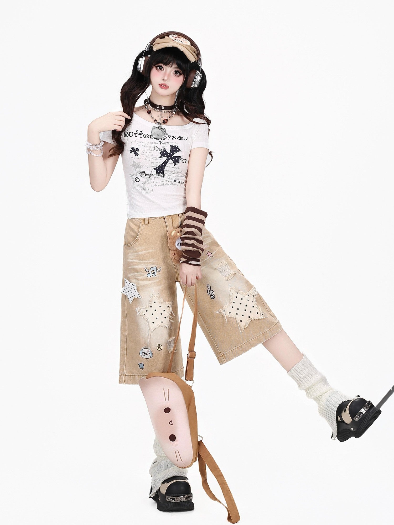 Crazy Girl Vintage Ripped Star Patch Embroidered High Waist Loose Women&