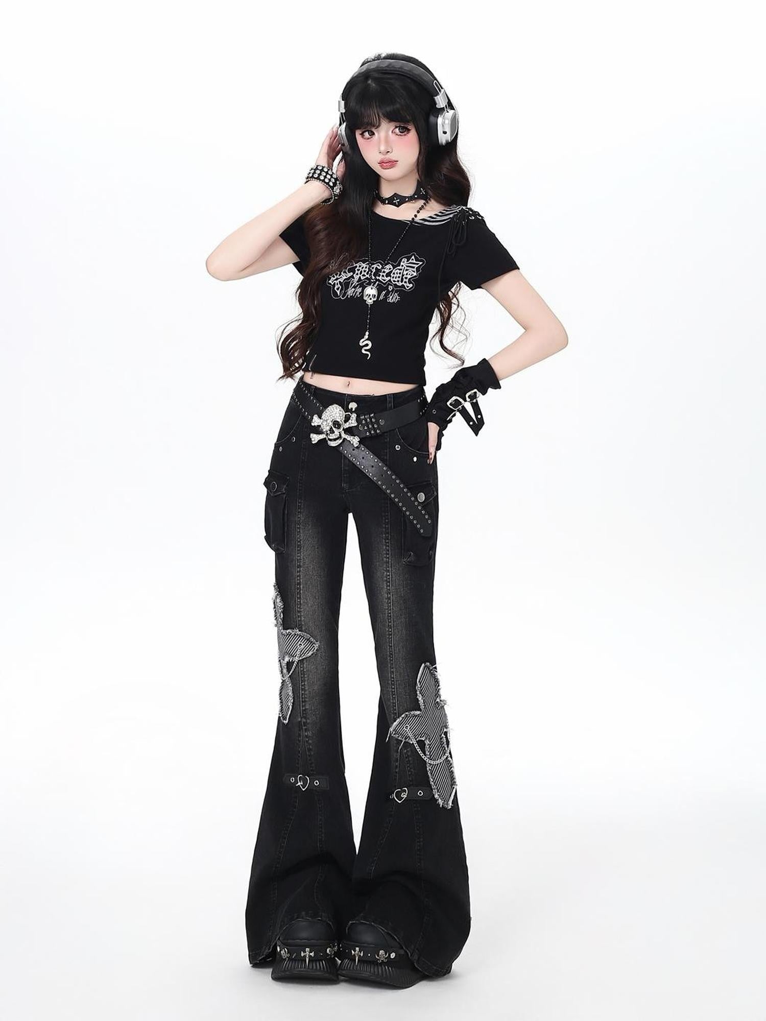 Crazy Girl Vintage Washed Butterfly Rivet High Waist Slim Women&