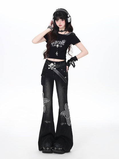 Crazy Girl Vintage Washed Butterfly Rivet High Waist Slim Women&