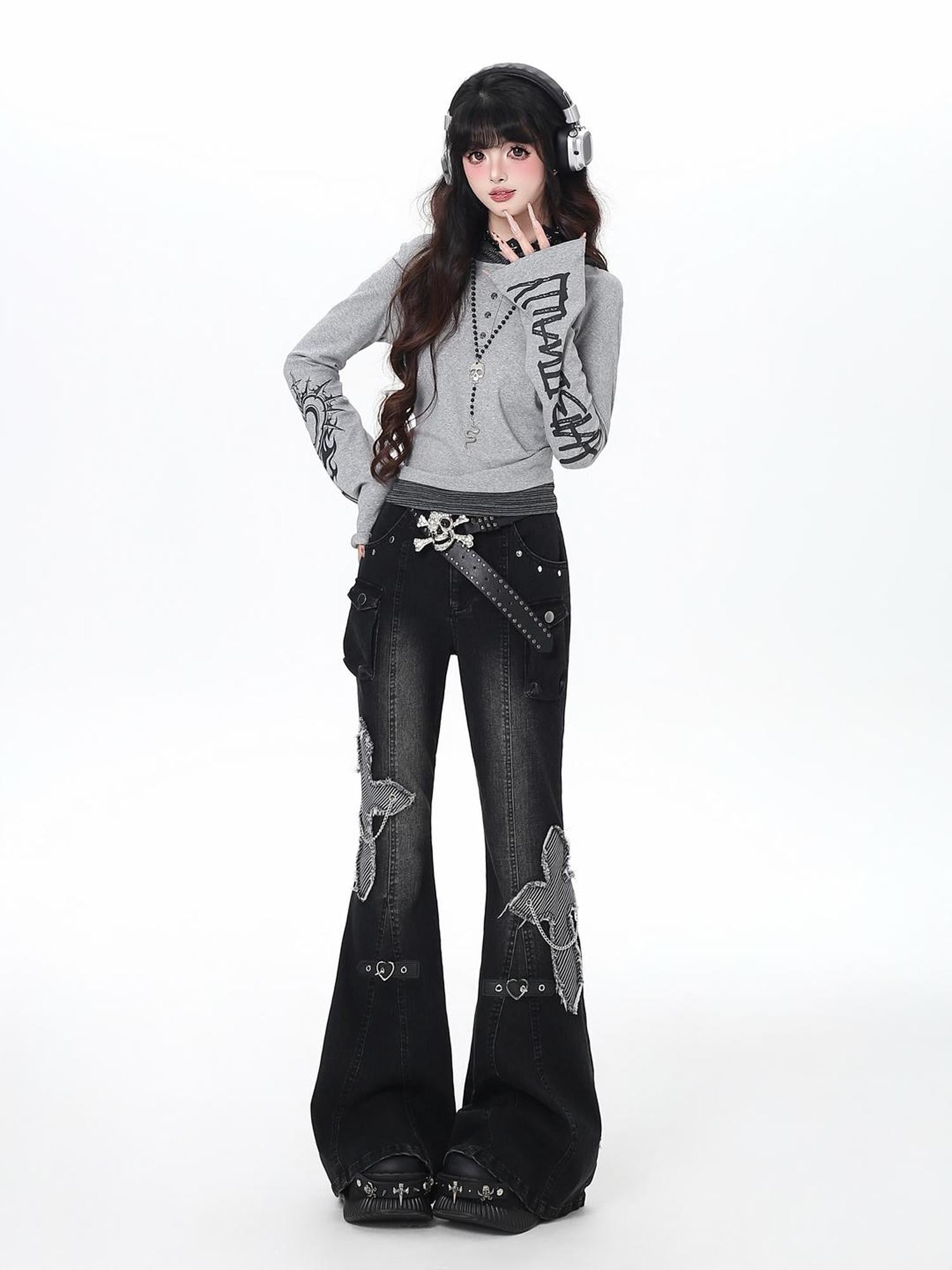 Crazy Girl Vintage Washed Butterfly Rivet High Waist Slim Women&
