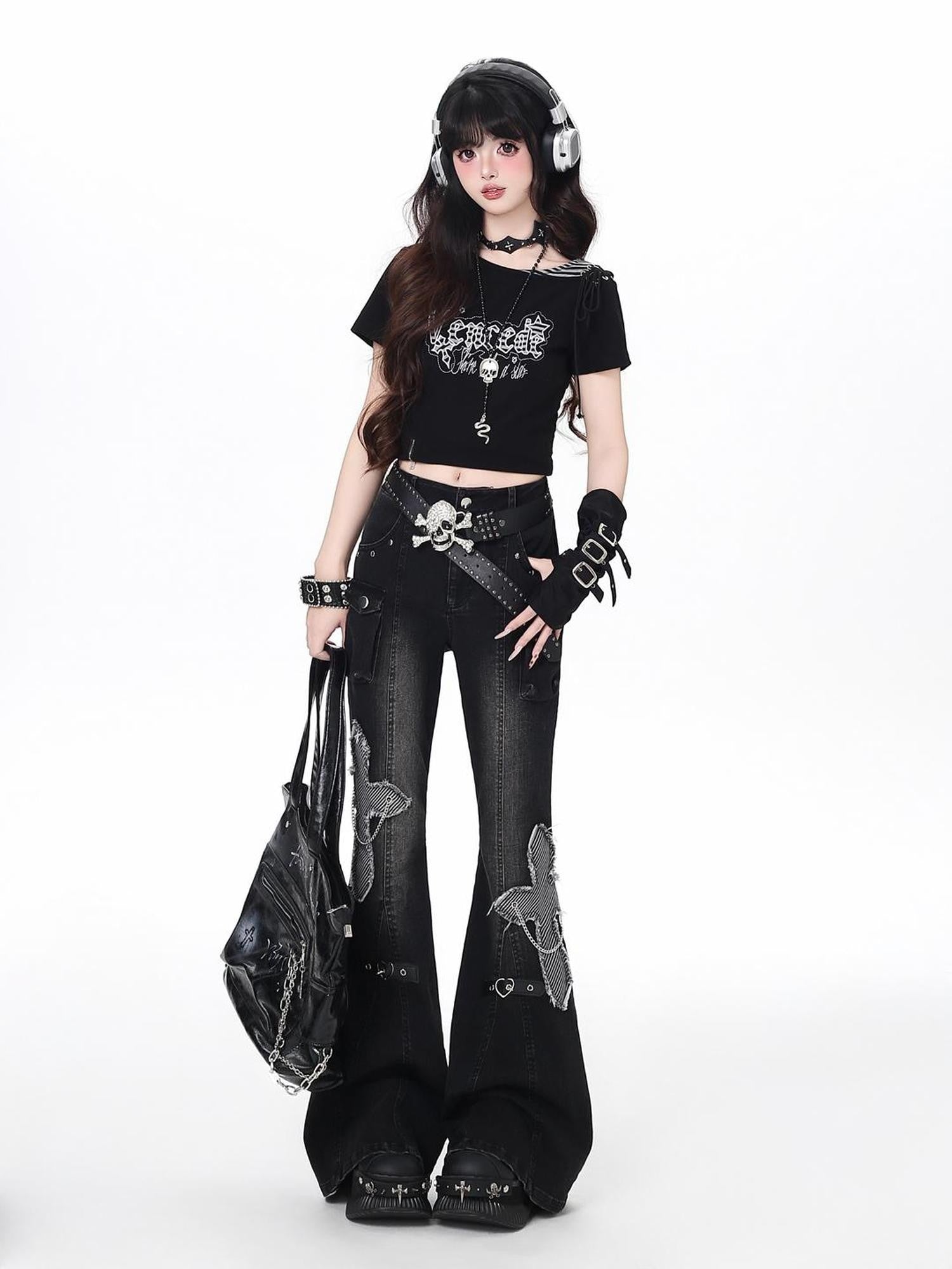 Crazy Girl Vintage Washed Butterfly Rivet High Waist Slim Women&