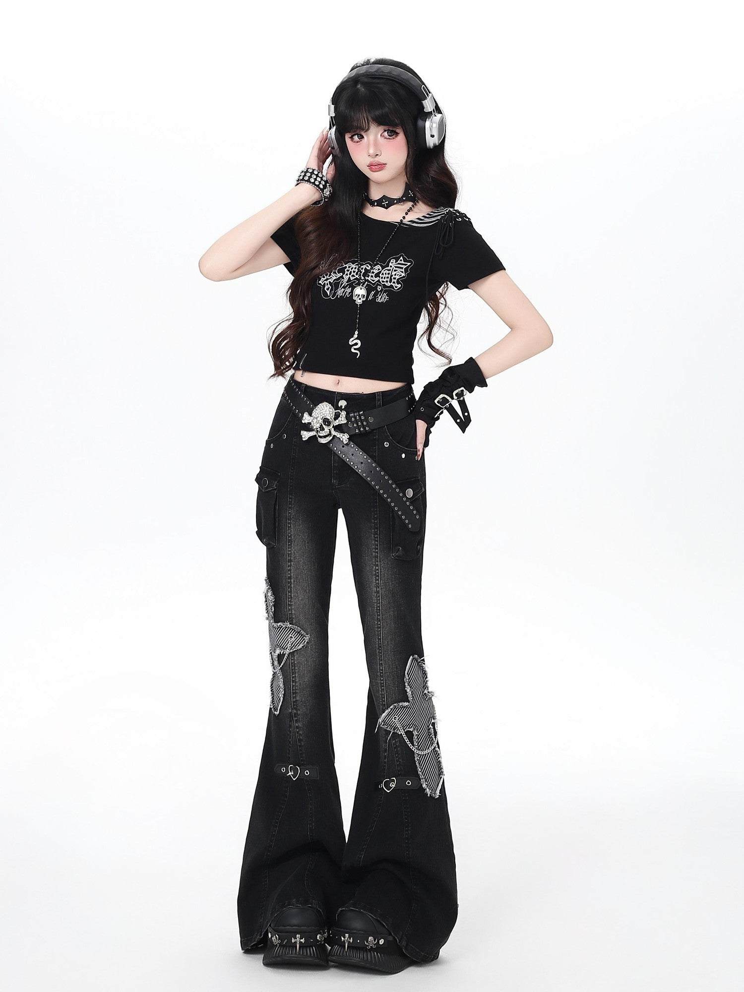 Crazy Girl Vintage Washed Butterfly Rivet High Waist Slim Women&