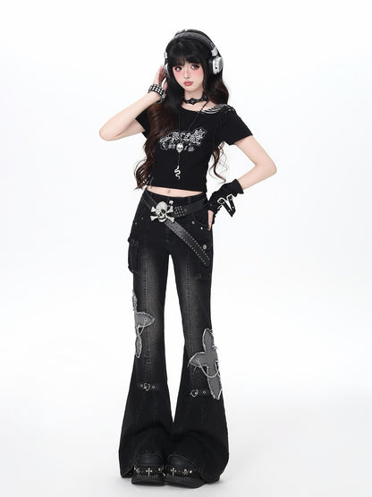 Crazy Girl Vintage Washed Butterfly Rivet High Waist Slim Women&