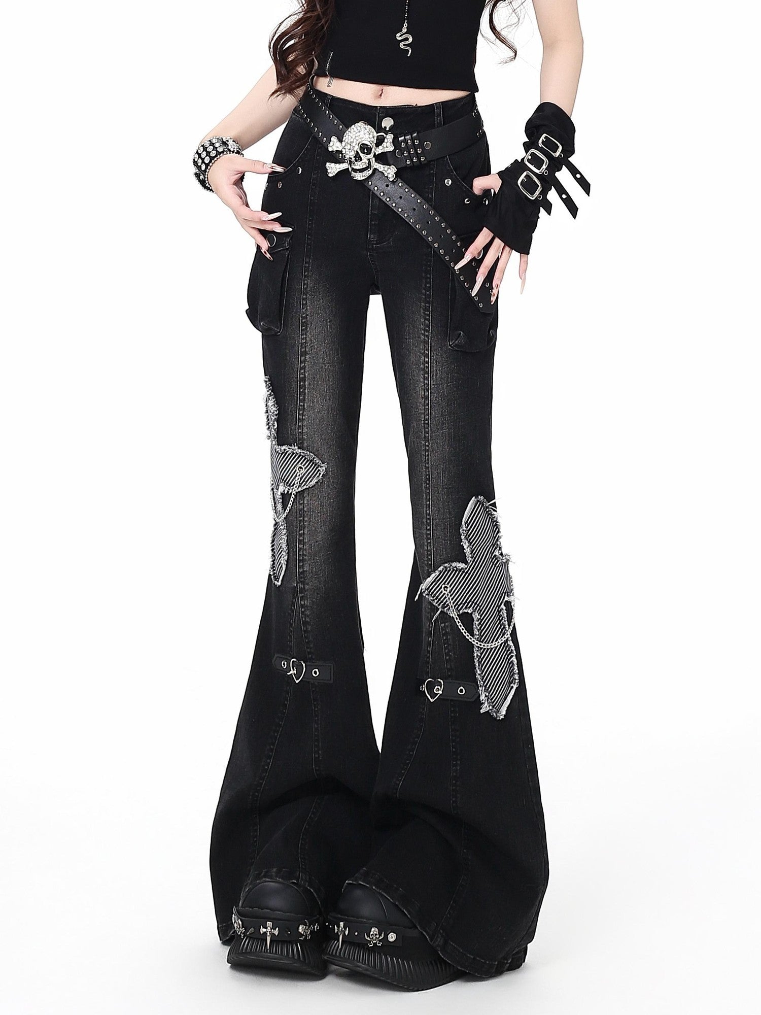 Crazy Girl Vintage Washed Butterfly Rivet High Waist Slim Women&