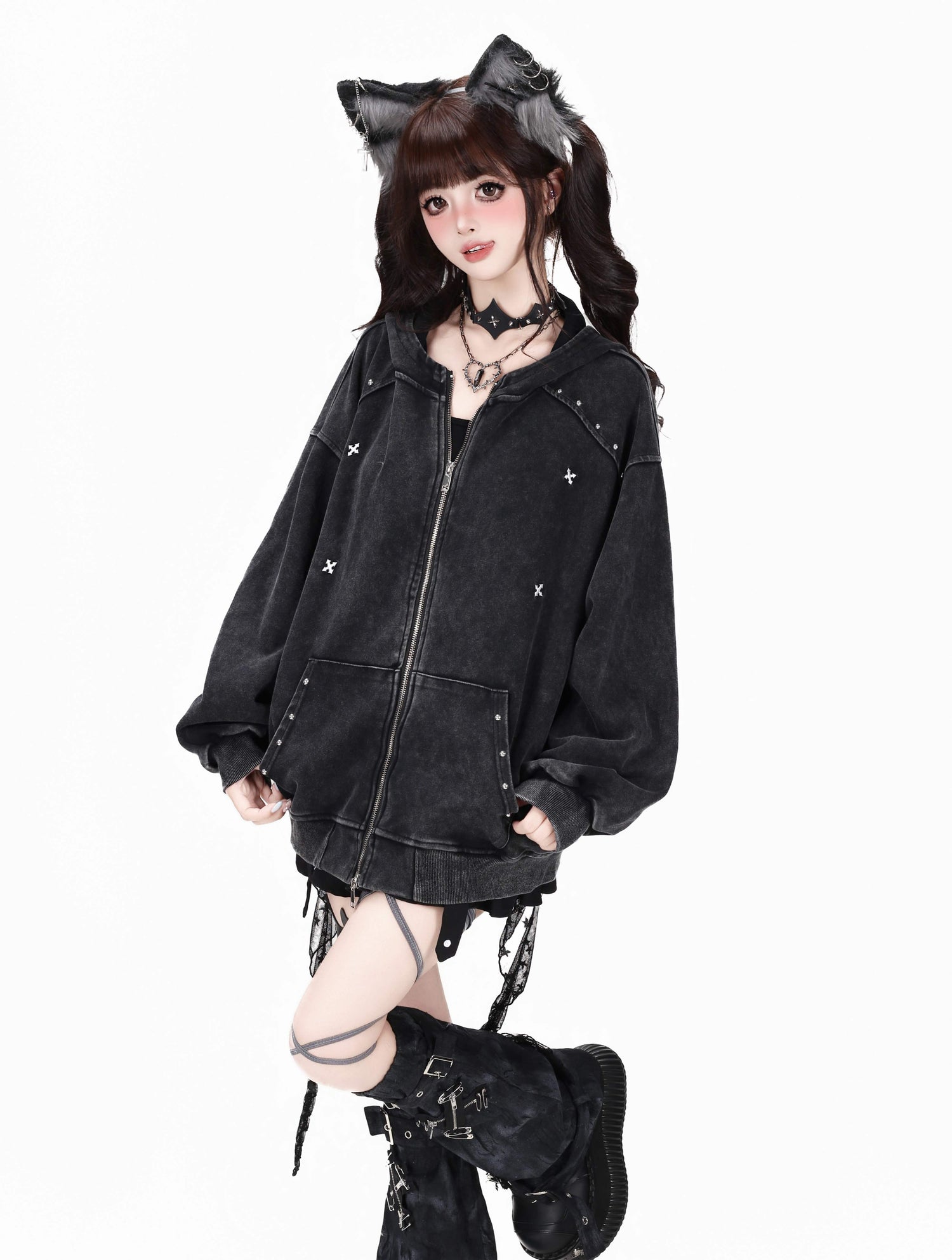 Crazy_Girl_Vintage_Washed_Distressed_Studded_Hooded_American_Women&