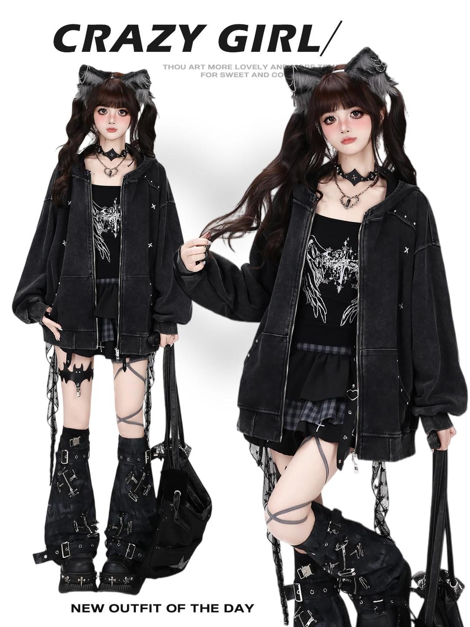 Crazy Girl Vintage Washed Distressed Studded Hooded American Women&