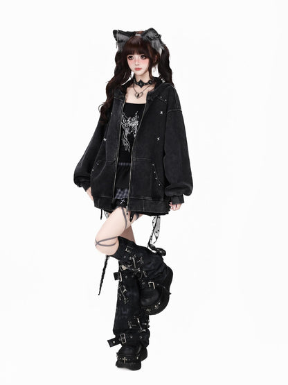 Crazy Girl Vintage Washed Distressed Studded Hooded American Women&