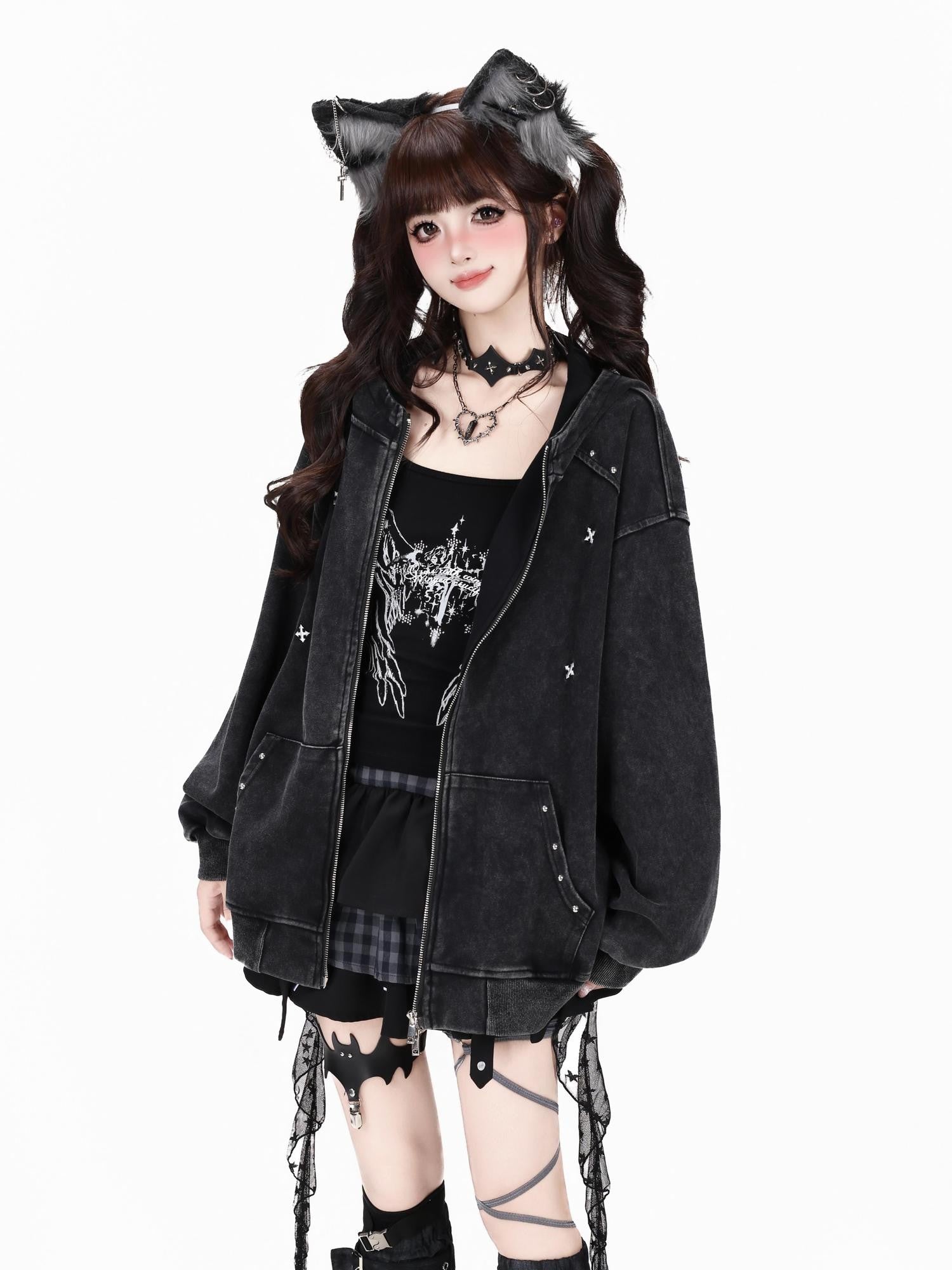 Crazy Girl Vintage Washed Distressed Studded Hooded American Women&