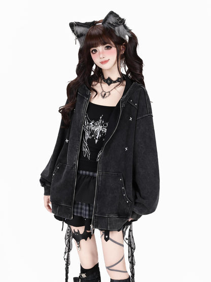 Crazy Girl Vintage Washed Distressed Studded Hooded American Women&