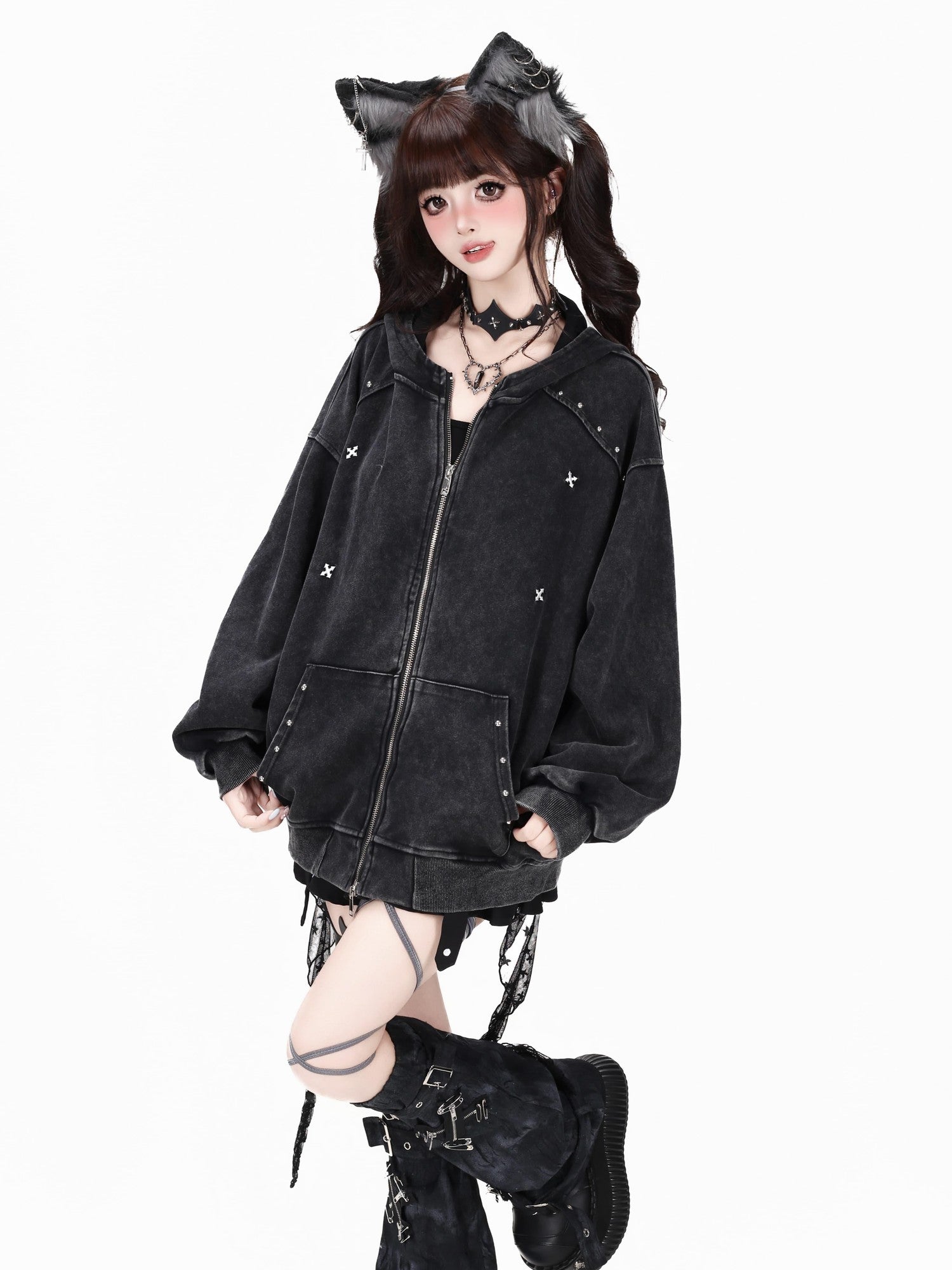 Crazy Girl Vintage Washed Distressed Studded Hooded American Women&