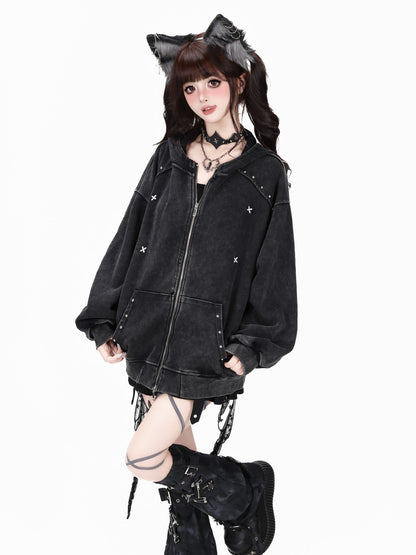 Crazy Girl Vintage Washed Distressed Studded Hooded American Women&