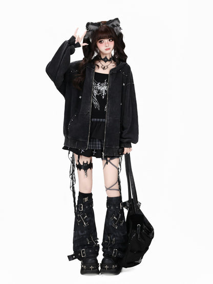 Crazy Girl Vintage Washed Distressed Studded Hooded American Women&