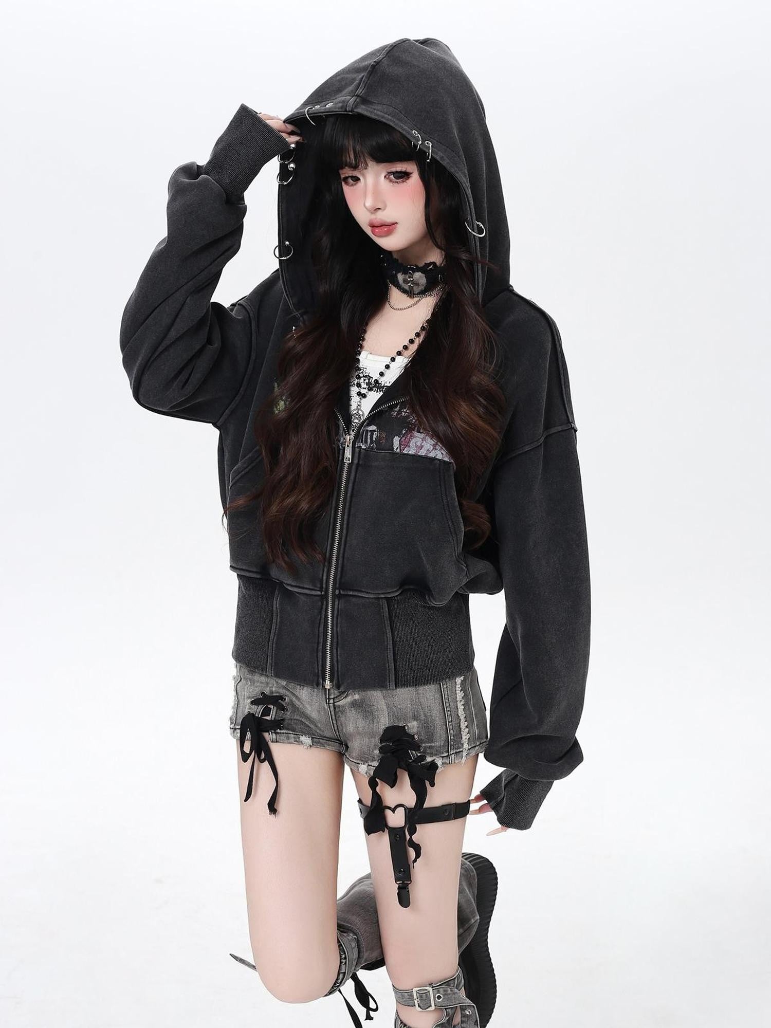 Crazy Girl Vintage Washed Workwear Hooded Cinched Women&