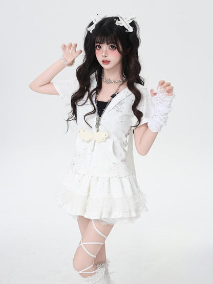 Crazy Girl White Plush Angel Wing Vintage Long Rope Chain Women&