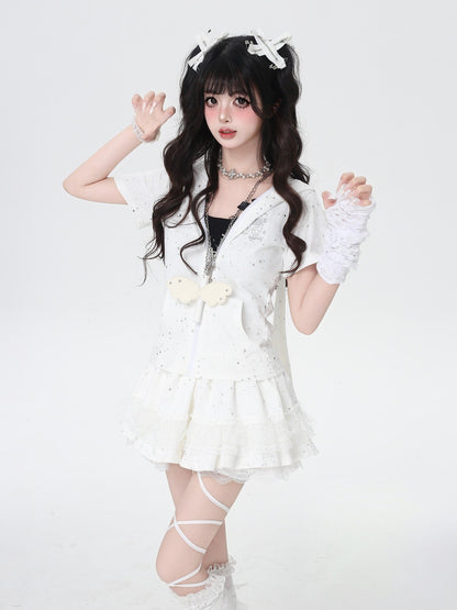 Crazy Girl White Plush Angel Wing Vintage Long Rope Chain Women&