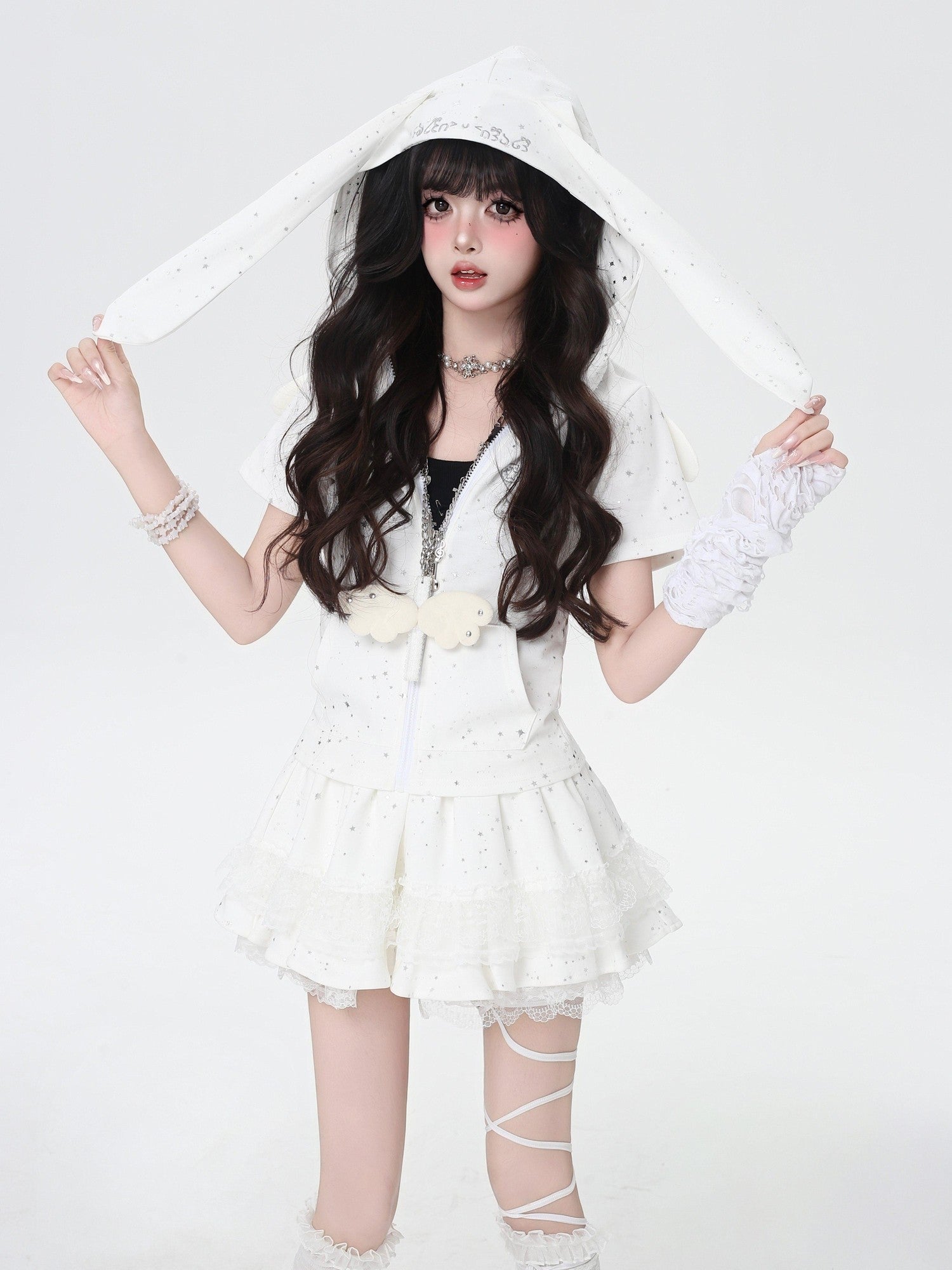 Crazy Girl White Plush Angel Wing Vintage Long Rope Chain Women&