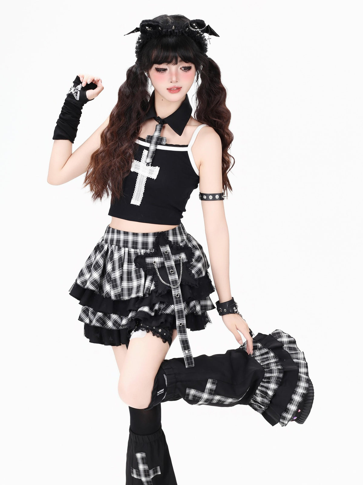Crazy Girl Y2k Plaid Chain Detail Ruffled High Waist Women&