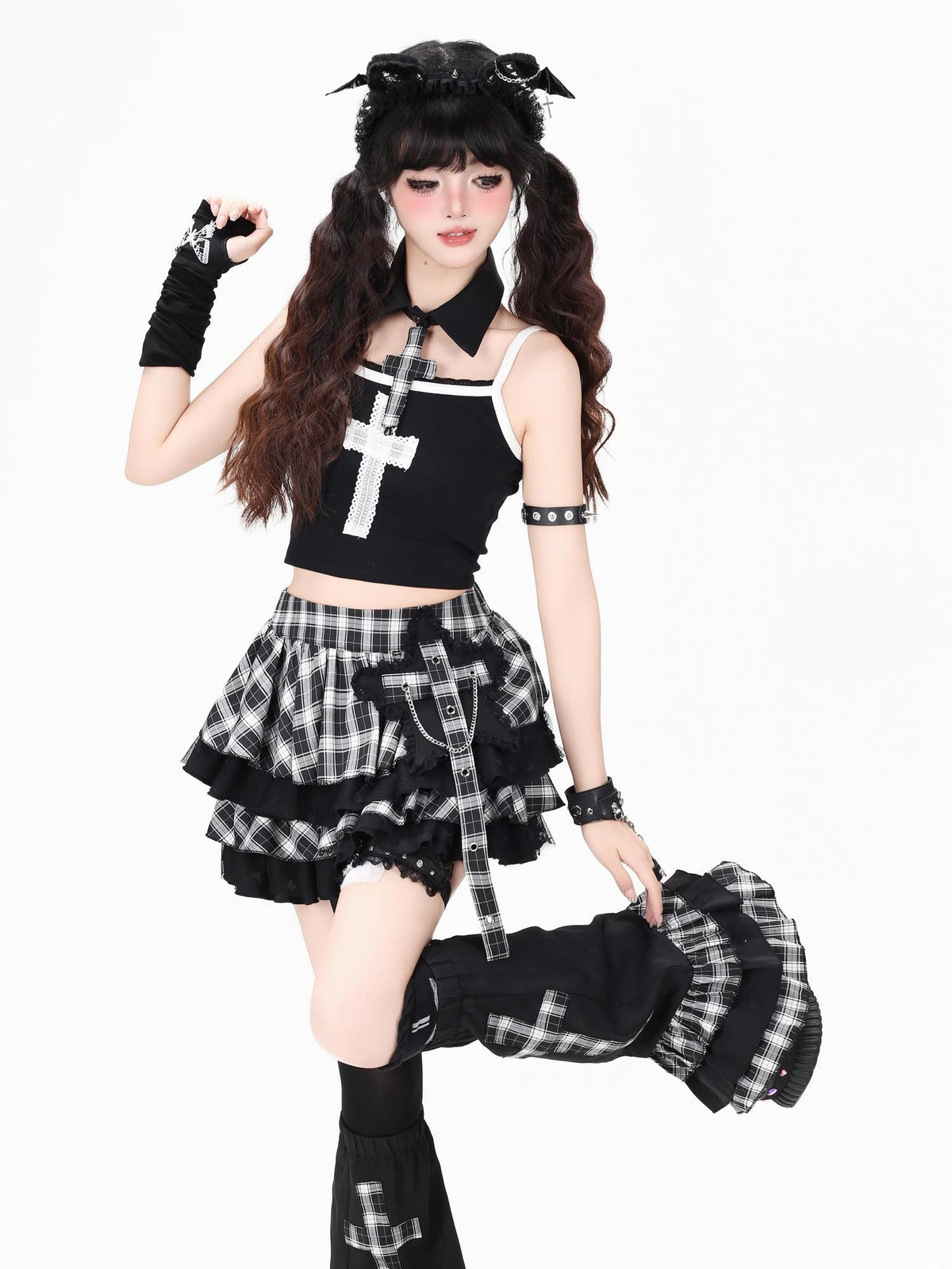 Crazy Girl Y2k Plaid Chain Detail Ruffled High Waist Women&
