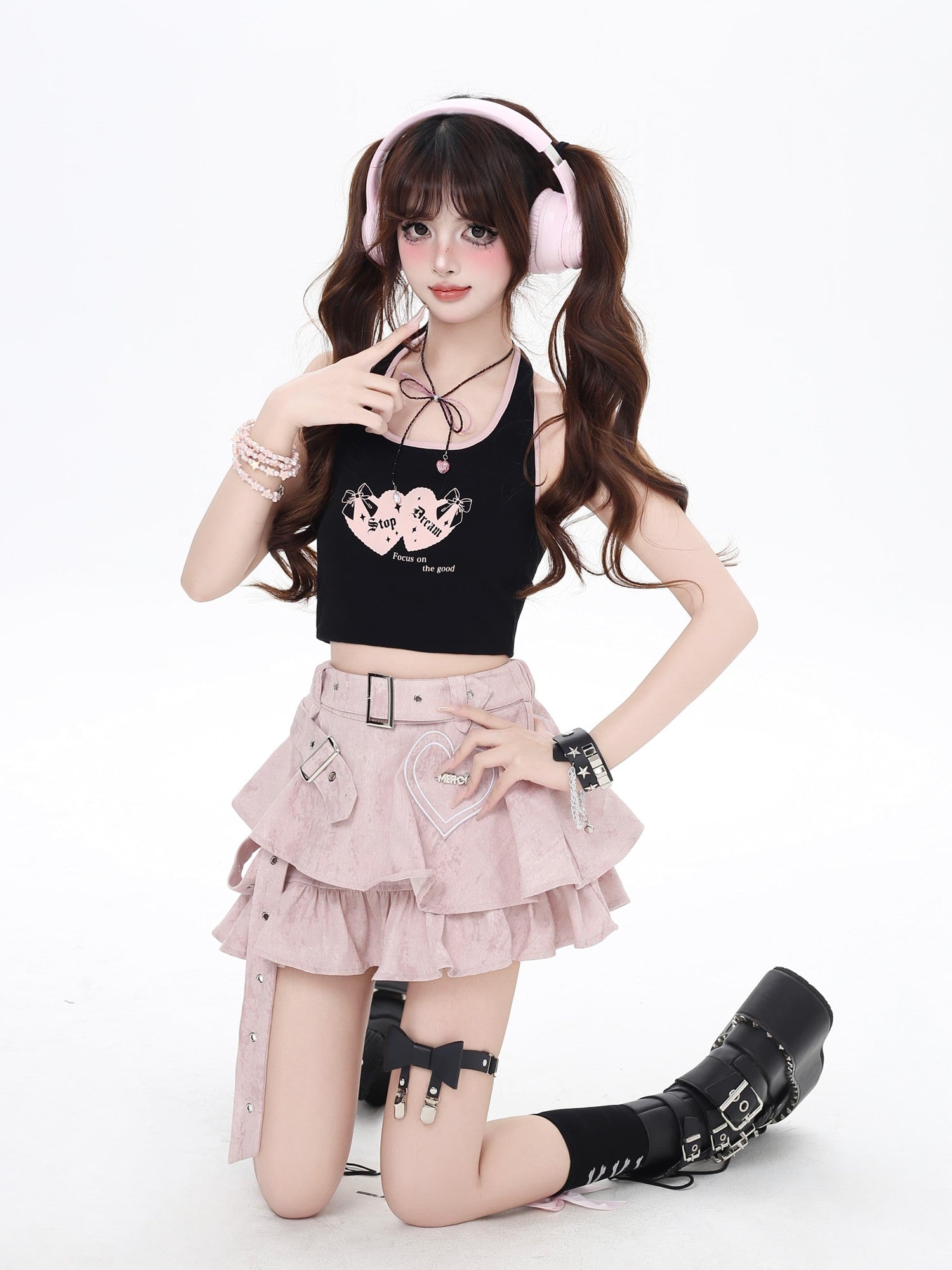 Crazy Girl Y2k Tie Dye Ruffle Asymmetric High Waist Pleated Women&