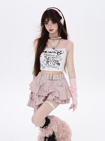 Crazy Girl Y2k Tie Dye Ruffle Asymmetric High Waist Pleated Women&
