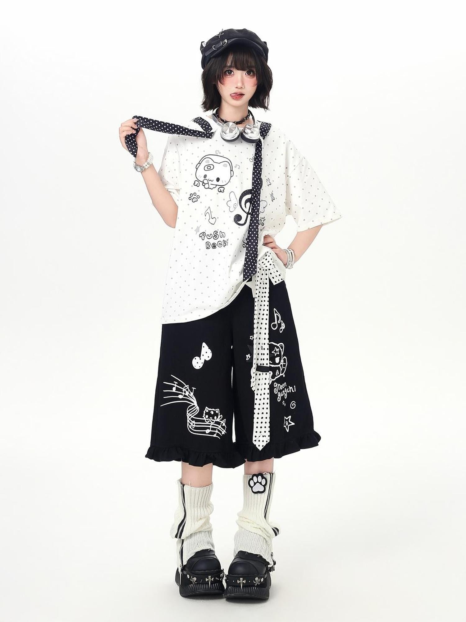 Crazy Girl Youthful Cartoon Graffiti Polka Dot Lace Trim Women&