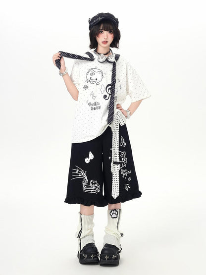 Crazy Girl Youthful Cartoon Graffiti Polka Dot Lace Trim Women&