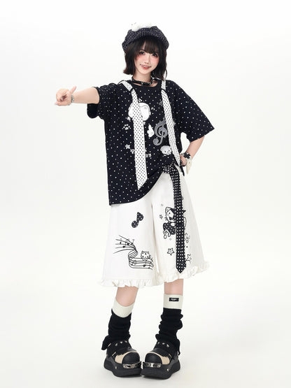 Crazy Girl Youthful Cartoon Graffiti Polka Dot Lace Trim Women&