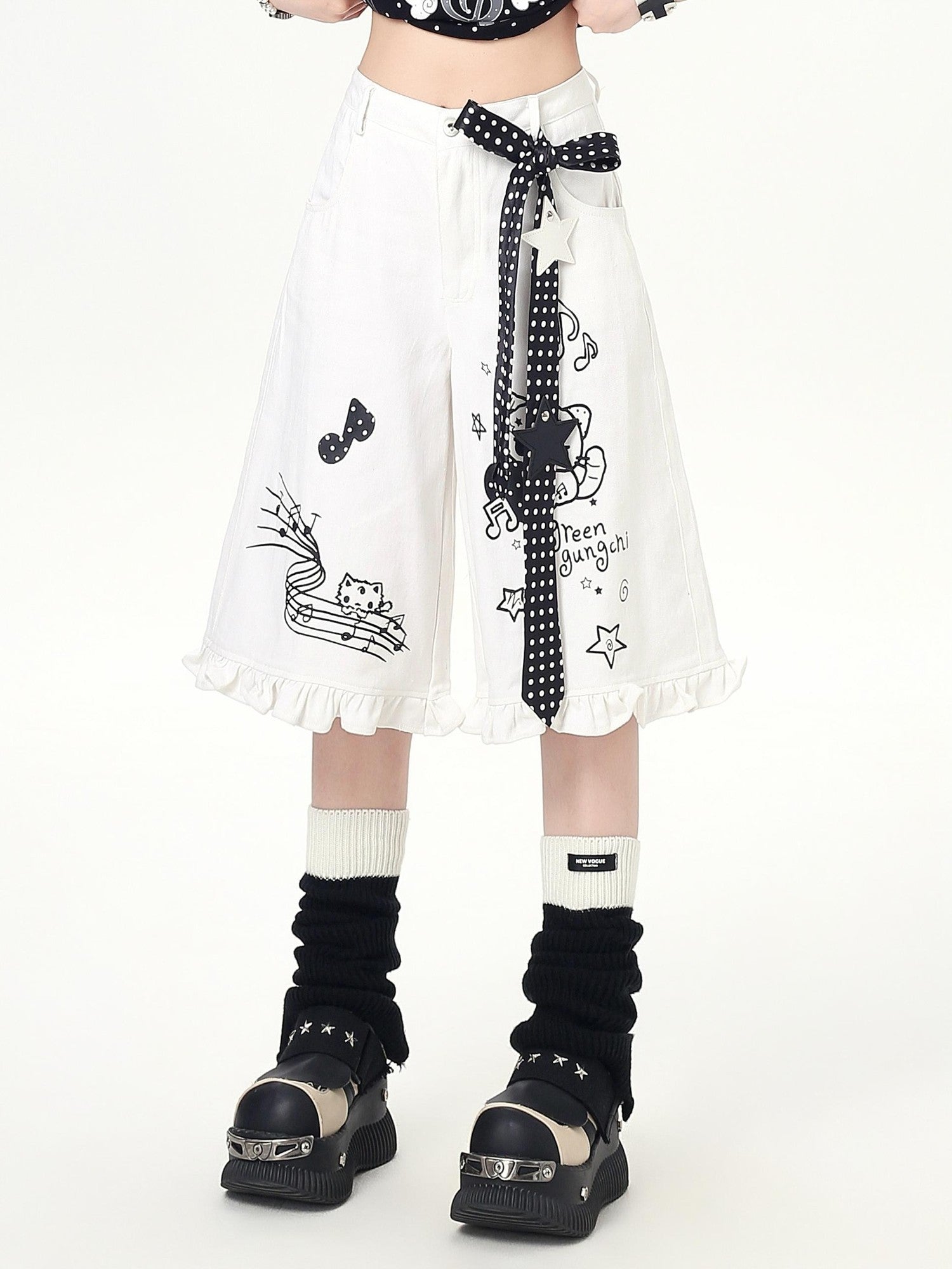 Crazy Girl Youthful Cartoon Graffiti Polka Dot Lace Trim Women&