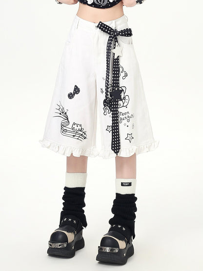 Crazy Girl Youthful Cartoon Graffiti Polka Dot Lace Trim Women&