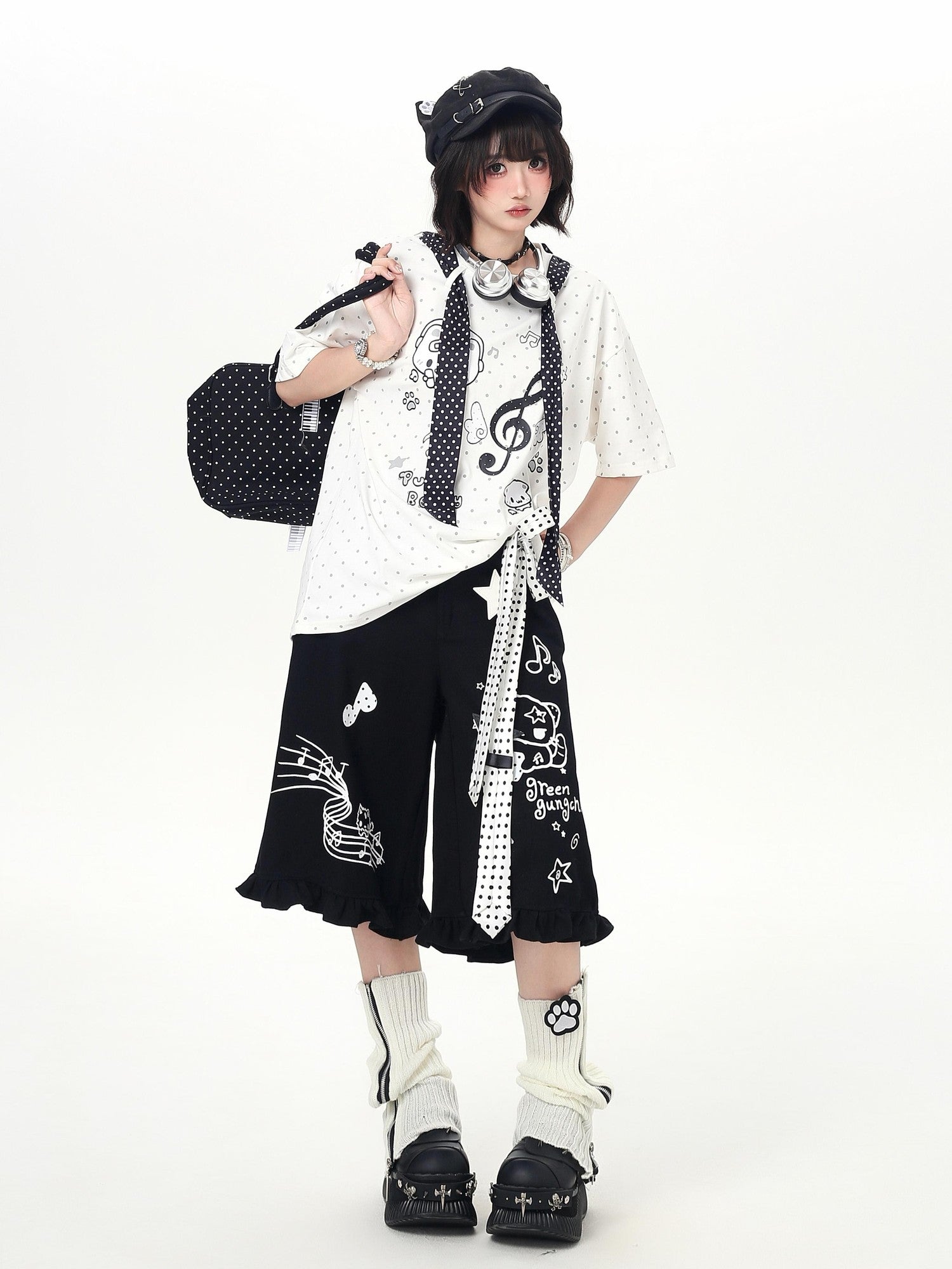 Crazy Girl Youthful Cartoon Graffiti Polka Dot Lace Trim Women&