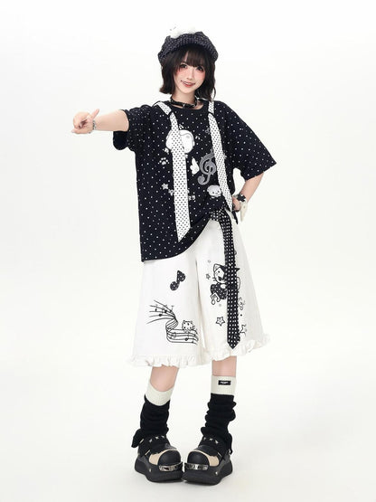 Crazy Girl Youthful Cartoon Graffiti Polka Dot Lace Trim Women&
