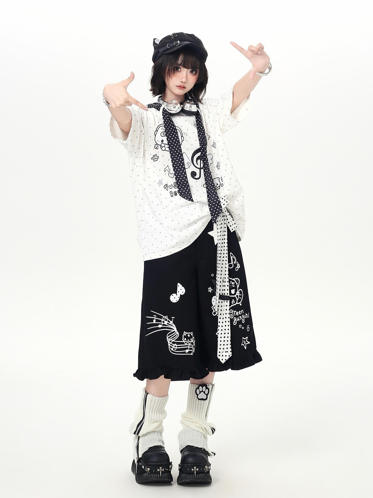 Crazy Girl Youthful Cartoon Graffiti Polka Dot Lace Trim Women&