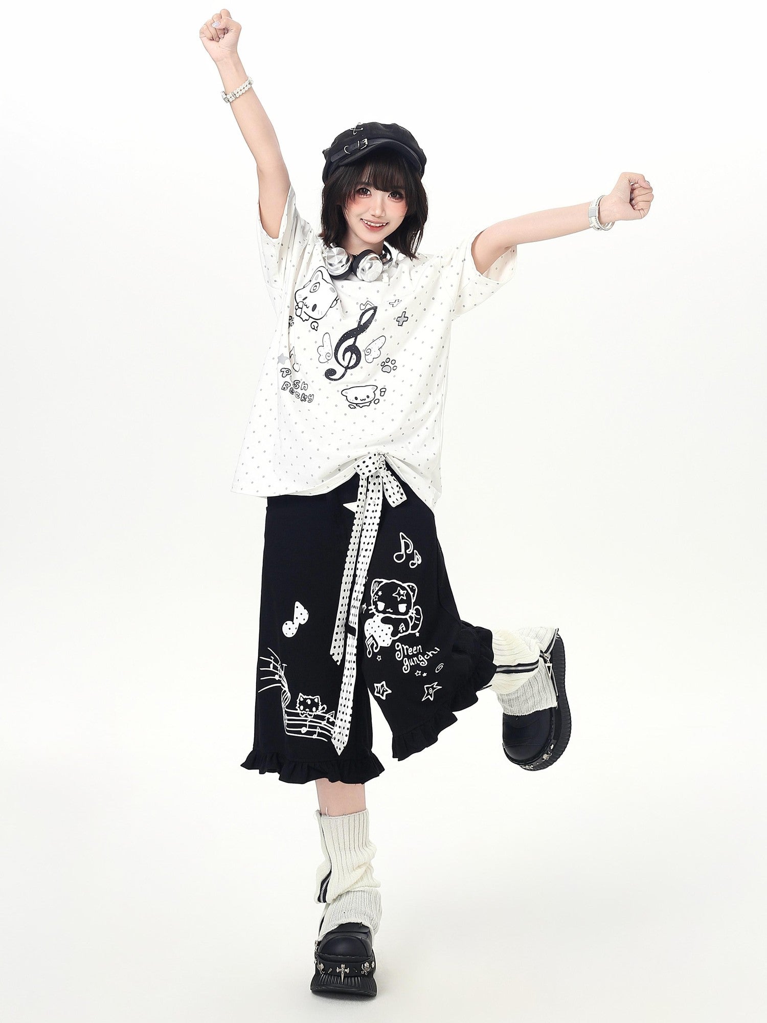 Crazy Girl Youthful Cartoon Graffiti Polka Dot Lace Trim Women&