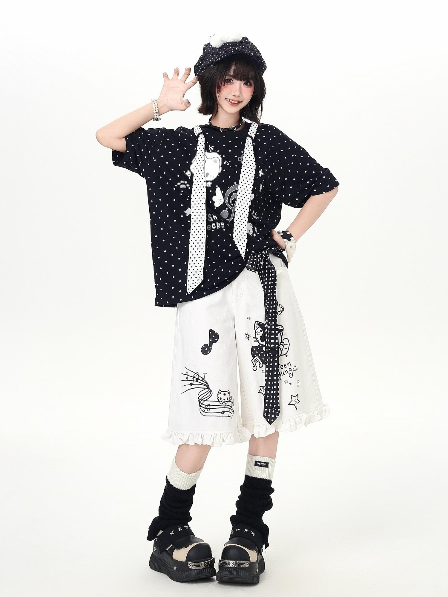 Crazy Girl Youthful Cartoon Graffiti Polka Dot Lace Trim Women&