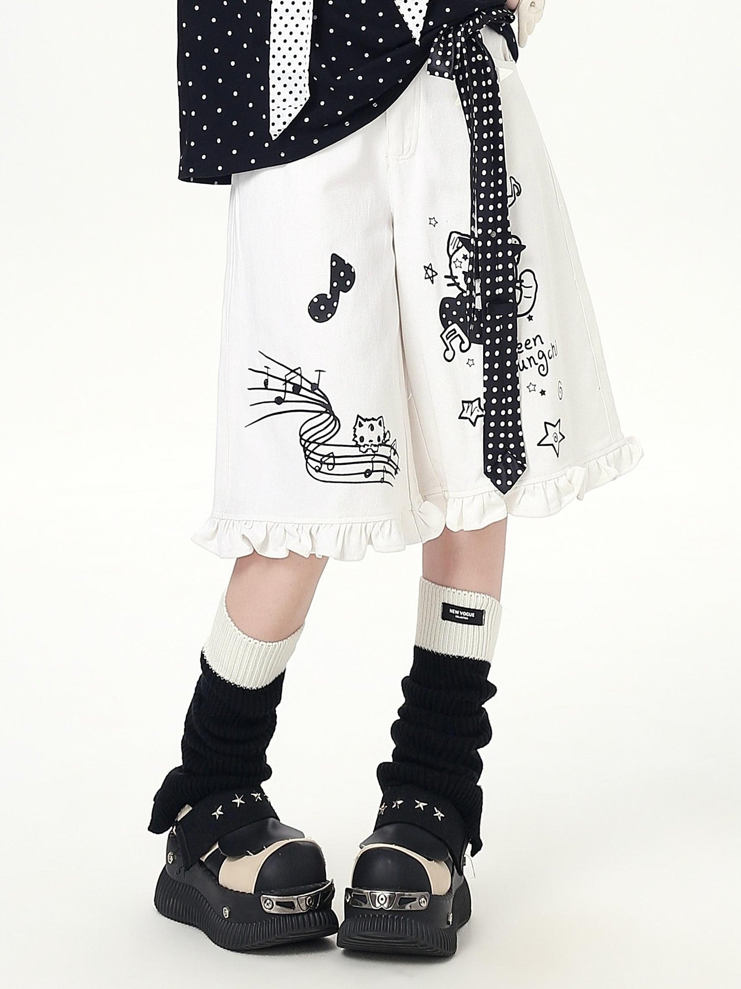 Crazy Girl Youthful Cartoon Graffiti Polka Dot Lace Trim Women&