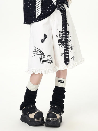 Crazy Girl Youthful Cartoon Graffiti Polka Dot Lace Trim Women&