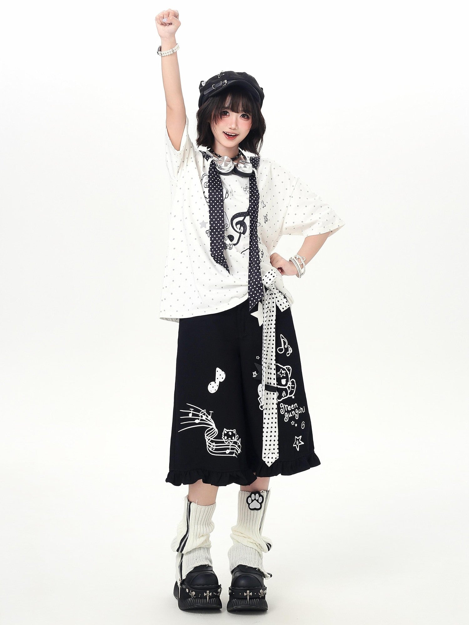 Crazy Girl Youthful Cartoon Graffiti Polka Dot Lace Trim Women&
