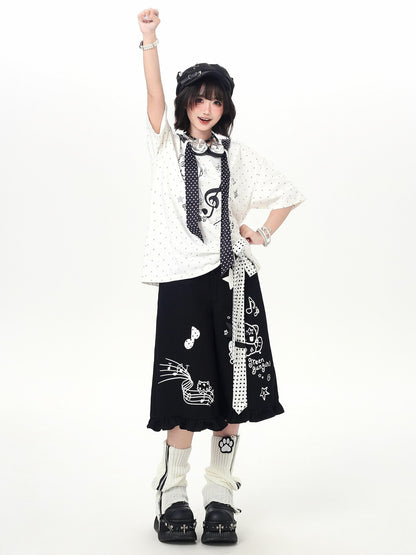 Crazy Girl Youthful Cartoon Graffiti Polka Dot Lace Trim Women&