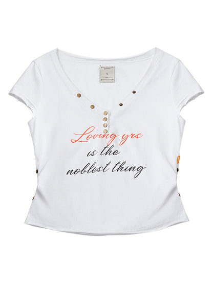 Achihara V-Neck Adjustable Lazy Tee With Noble Print