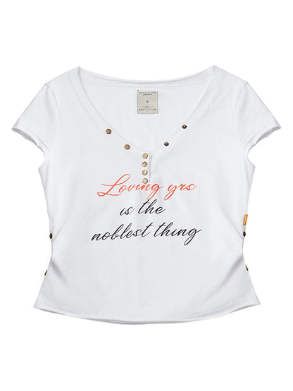 V-Neck Adjustable Lazy Tee With Noble Print