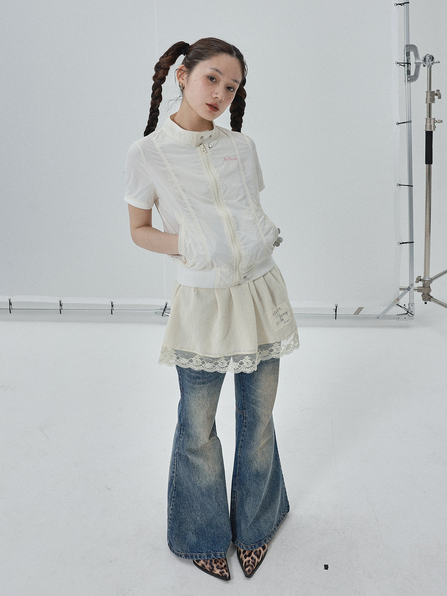 Achihara Summer Stand Collar Shirt Jacket In Black &amp; White