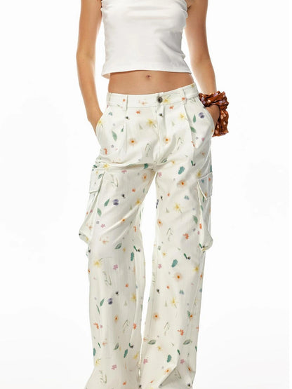 Creative 3D Pocket Beige Casual Floral Print Wide Leg Pants