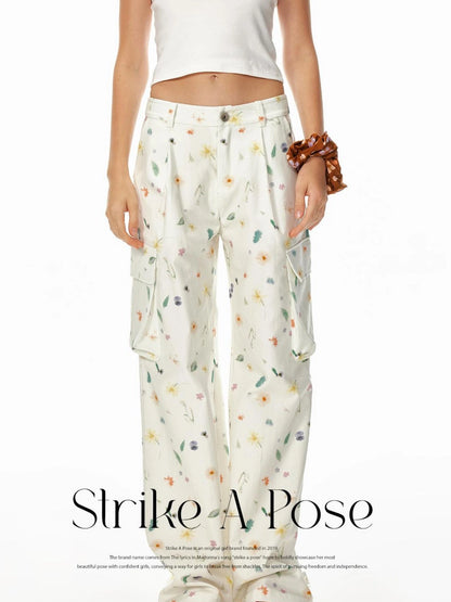 Creative 3D Pocket Beige Casual Floral Print Wide Leg Pants