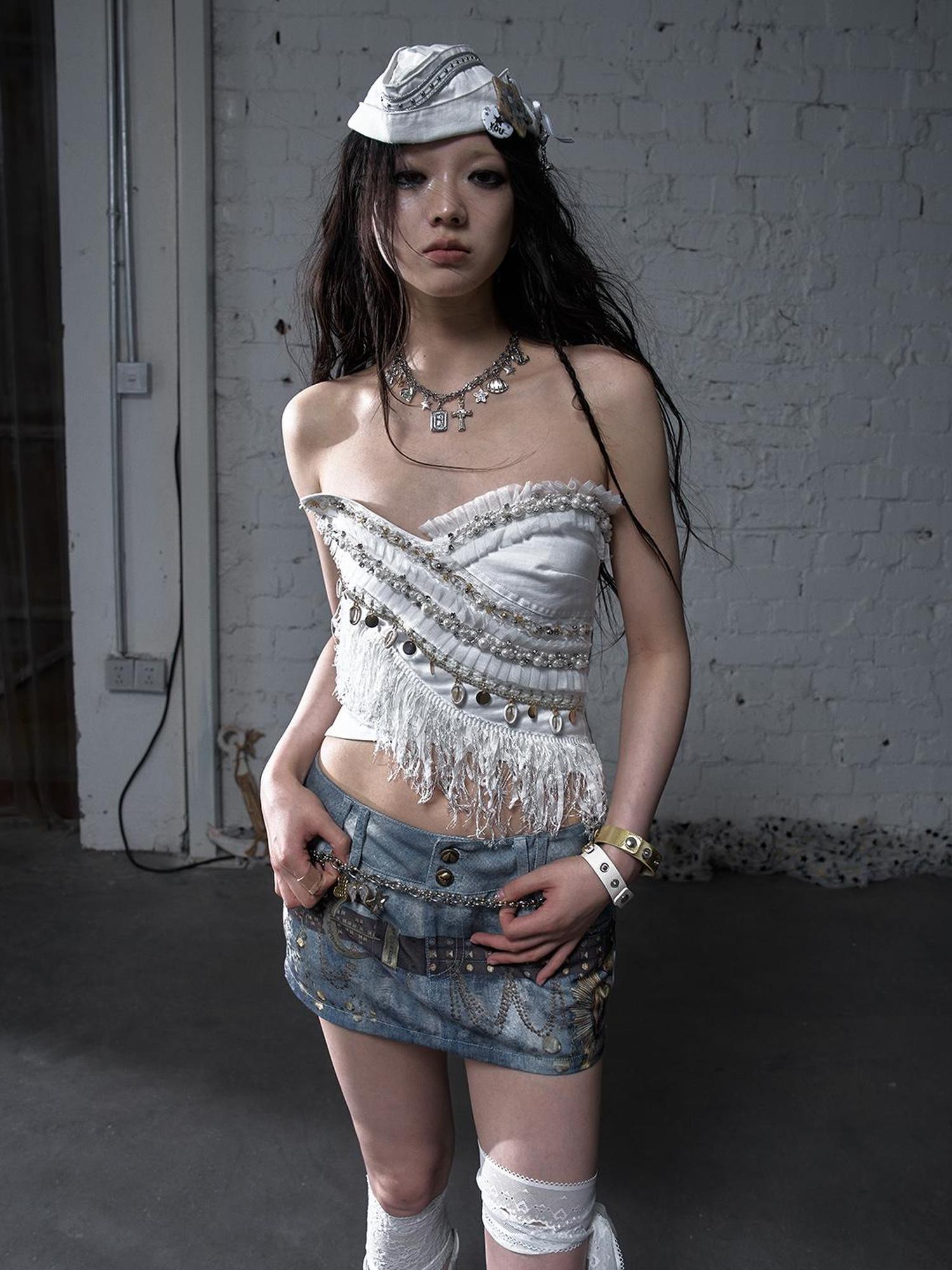 NO ROMANCE Cropped Bustier Top With Tassels &amp; Lace Trim For Women