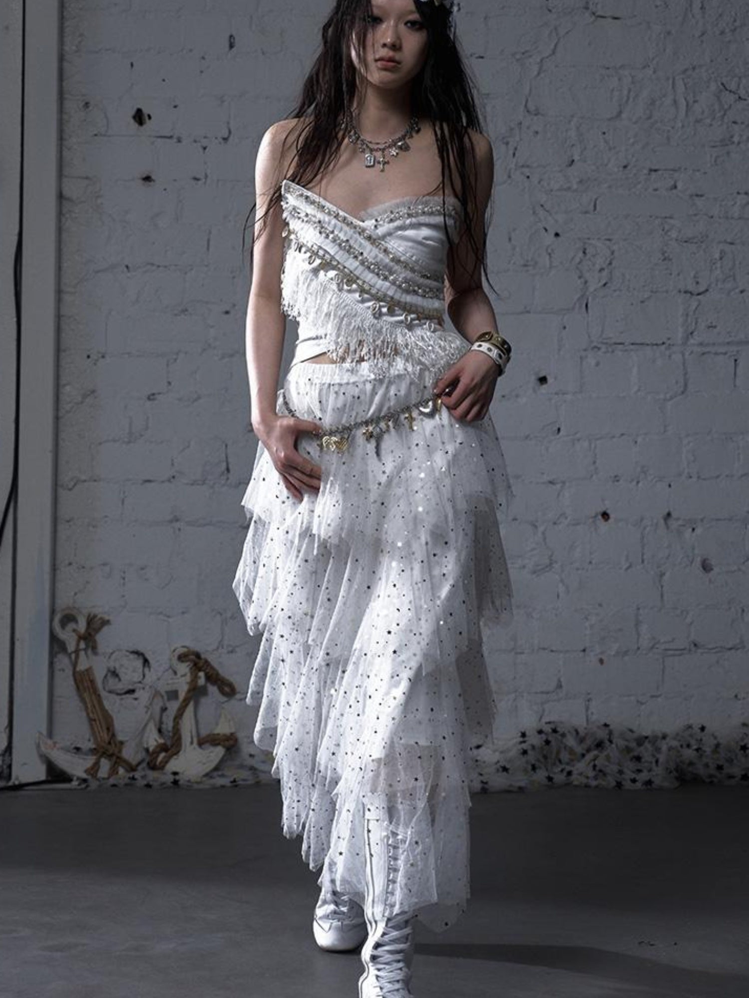 NO ROMANCE Cropped Bustier Top With Tassels &amp; Lace Trim For Women