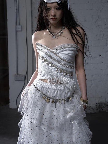 NO ROMANCE Cropped Bustier Top With Tassels &amp; Lace Trim For Women
